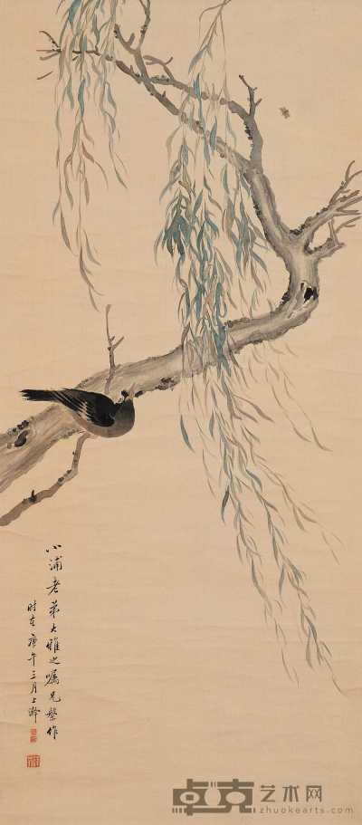 张盘 1870年作 柳树八哥 立轴 116.5×51cm